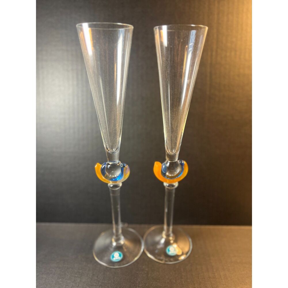 Rony Plesl Art Glass Champagne Flutes X2 Signed Bohemian Art Glass 12.5" B.A.G.
